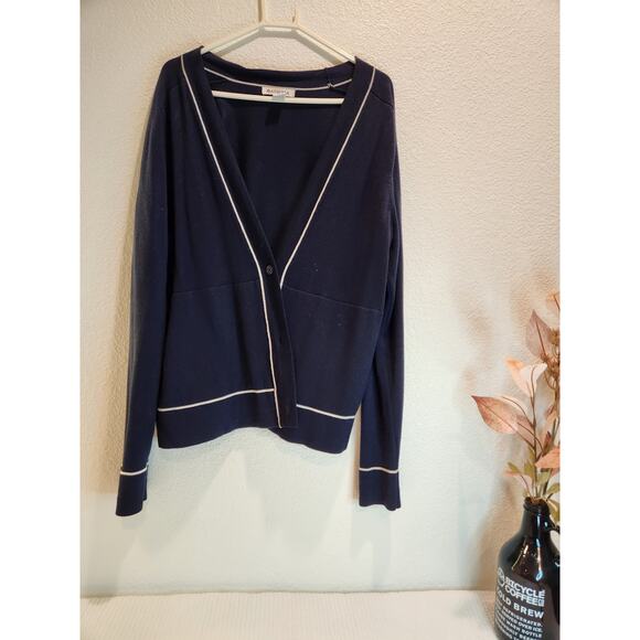 Athleta Navy Wool Blend Cardigan Sweater Size M Button Front White Trim‎ - Picture 1 of 3